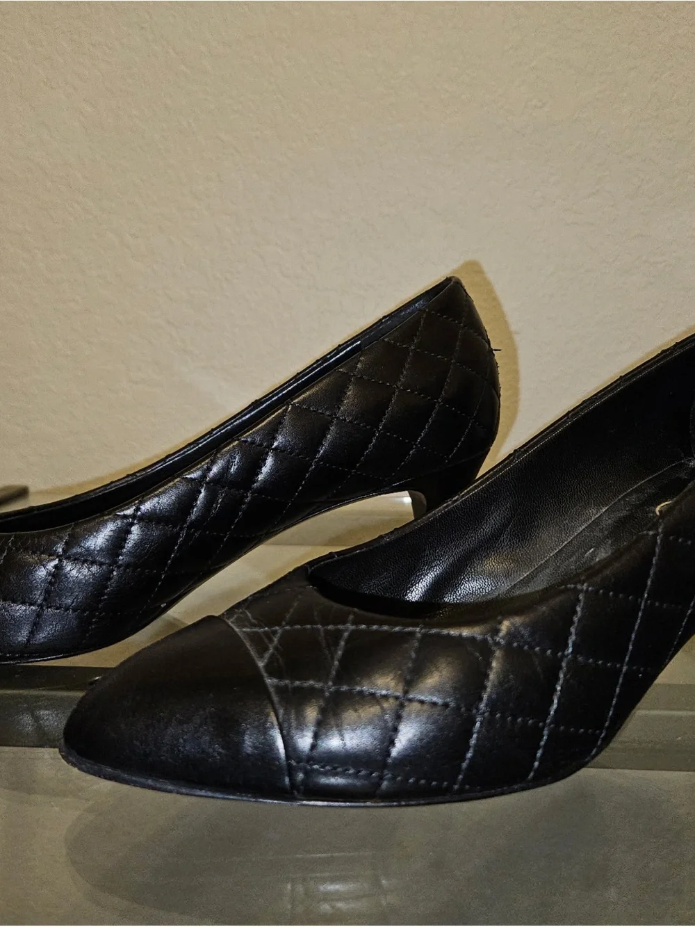 CHANEL Black Quilted Pointed-Toe Leather Flats